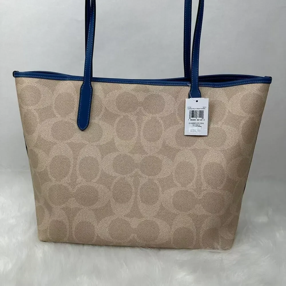 Coach City Tote Bag Signature Canvas W Coach Graphic Sand/Pacific Blue CY705 NWT